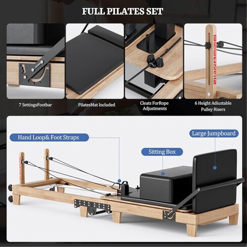 Pilates Reformer 92" Wooden Foldable Reformer Pilates Machine with Springs Pilates Equipment with Jump Board Box 6 Springs for Home Workouts Gym for All Level Users Up to 500 LBS in Kuwait