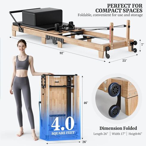 Pilates Reformer 92" Wooden Foldable Reformer Pilates Machine with Springs Pilates Equipment with Jump Board Box 6 Springs for Home Workouts Gym for All Level Users Up to 500 LBS in Kuwait
