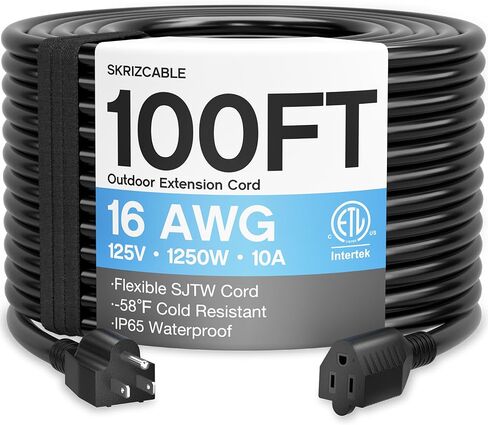 16/3 100 قدم سلك تمديد خارجي مقاوم للماء، مقاوم للطقس ومقاوم للهب أسود 3 سلك طاقة خارجي للحديقة والحديقة، 16AWG 10A 1250W 125V SJTW ETL مدرج in Kuwait
