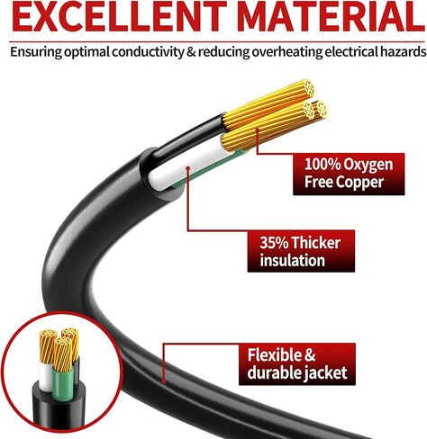 16/3 100 قدم سلك تمديد خارجي مقاوم للماء، مقاوم للطقس ومقاوم للهب أسود 3 سلك طاقة خارجي للحديقة والحديقة، 16AWG 10A 1250W 125V SJTW ETL مدرج in Kuwait