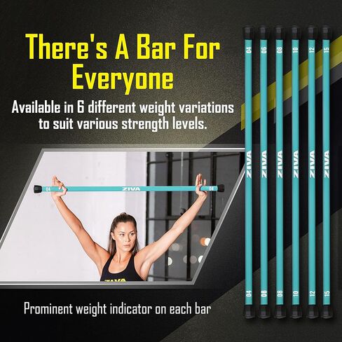 ZIVA Chic Weighted Workout Body Bar - Strength Training, Balance, Flexibility, and Overall Fitness - Flexible Solid Steel Core with Wear- and Rust-Resistant Textured Paint Coating, Capped Rubber Ends - 48"L x 1.25"D (Size Avail: 4 to15lb) in Kuwait