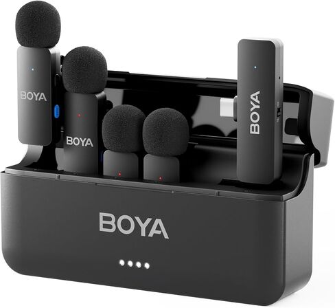 BOYA BY-V4U Wireless Lavalier Microphone for iPhone 15/16/17 & Type C, 4-Channel Lapel Mic with Charging Case, Plug & Play, Noise Cancelling, 18H Playback, for Video Content Creator in Saudi Arabia