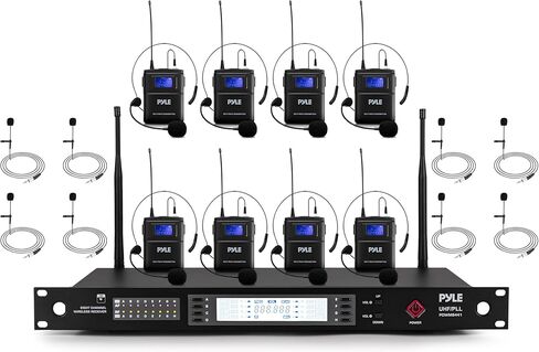 Pyle Wireless Microphone System | Includes 8 Lavalier and 8 Headset Mics with 300 ft Range | 8-Channel UHF Mic Kit with 100 Selectable Frequencies & Clear Audio | for Conferences, Meetings, & Events in Saudi Arabia