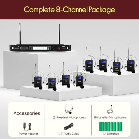 Pyle Wireless Microphone System | Includes 8 Lavalier and 8 Headset Mics with 300 ft Range | 8-Channel UHF Mic Kit with 100 Selectable Frequencies & Clear Audio | for Conferences, Meetings, & Events in Saudi Arabia