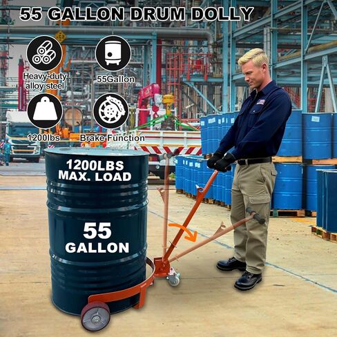 55 Gallon Drum Dolly Heavy Duty, 1200 lbs Capacity Barrel Cart with Adjustable Handle & Locking Caster, Low Profile Steel Drum Truck for Industrial, Warehouse, Workshop Use-Orange in Kuwait