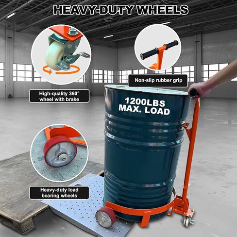 55 Gallon Drum Dolly Heavy Duty, 1200 lbs Capacity Barrel Cart with Adjustable Handle & Locking Caster, Low Profile Steel Drum Truck for Industrial, Warehouse, Workshop Use-Orange in Kuwait
