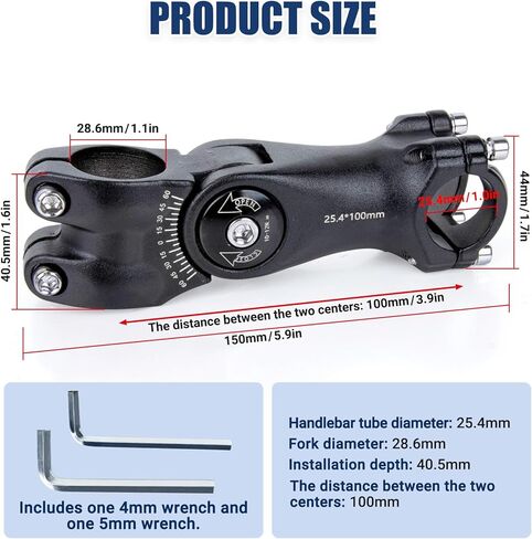 PSLER Adjustable Bike Stem - 25.4mm Handlebar & 28.6mm Fork, 100mm Center Length, Aluminum Bicycle Handlebar Stem Riser for E-Bike/Cycling Bike, for Height/Angle Adjustment in Saudi Arabia