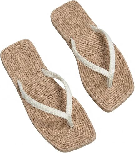 Gorglitter Women's Square Toe Flip Flops Straw Crochet Sandals Flat Boho Beach Faction in Kuwait