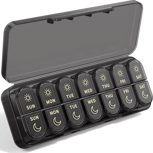 Weekly Pill Organizer 7 Day AM PM - Travel Pill Box 2 Times a Day with One-Hand Easy-Open Lid, 14 Compartments Portable Medicine Case for Daily Vitamins, Fish Oil, Pills and Supplements in Saudi Arabia