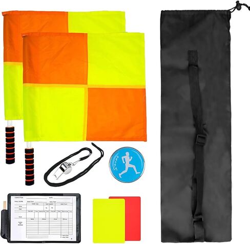 تشتمل مجموعة أدوات حكم كرة القدم على قطعتين من أعلام كرة القدم ذات المربعات، وبطاقات مرجعية باللون الأحمر والأصفر مع دفتر ملاحظات وقلم رصاص، وصفارة حكم من الفولاذ المقاوم للصدأ للمدرب، وزعنفة للعملات المعدنية مع حقيبة تخزين in Kuwait