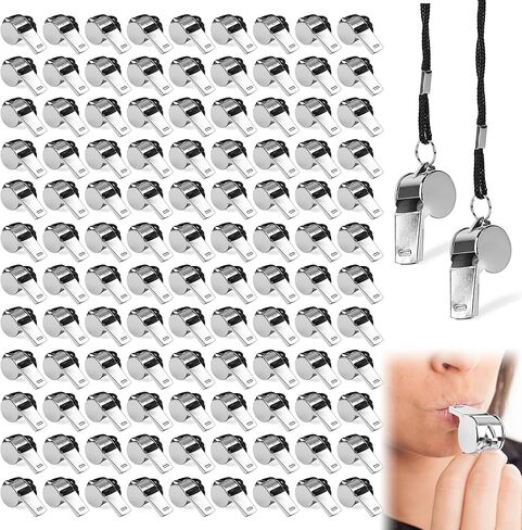 110 Pcs Metal Stainless Steel Whistle with Lanyard, for Coach Whistles Adults Emergency Loud Sound Whistle for Polices School Sports Teachers, Coaches, Police,Training ,Football Referee (Black Rope) in Saudi Arabia
