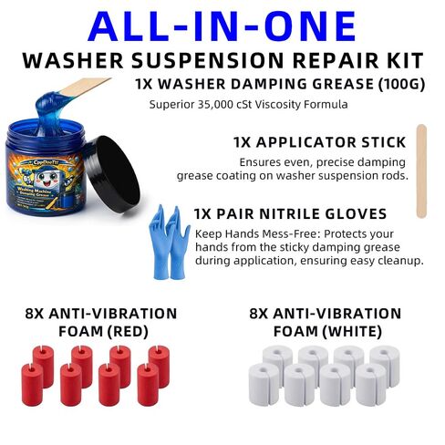 شحم تخميد لقضبان تعليق الغسالة، 100 جرام لزوجة عالية 35000 CST مع 16 حشوة إسفنجية (أحمر وأبيض) - إصلاح DIY للاهتزاز والمشي والغسالات المزعجة in Kuwait