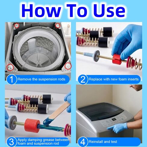 شحم تخميد لقضبان تعليق الغسالة، 100 جرام لزوجة عالية 35000 CST مع 16 حشوة إسفنجية (أحمر وأبيض) - إصلاح DIY للاهتزاز والمشي والغسالات المزعجة in Kuwait