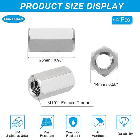 PATIKIL M10 x 1-Pitch 304 Stainless Steel Hex Coupling Nuts, 4Pcs 25mm / 1" Length Fully Threaded Rod Coupling Nut Studding Connector Fasteners, Silver Tone in Saudi Arabia