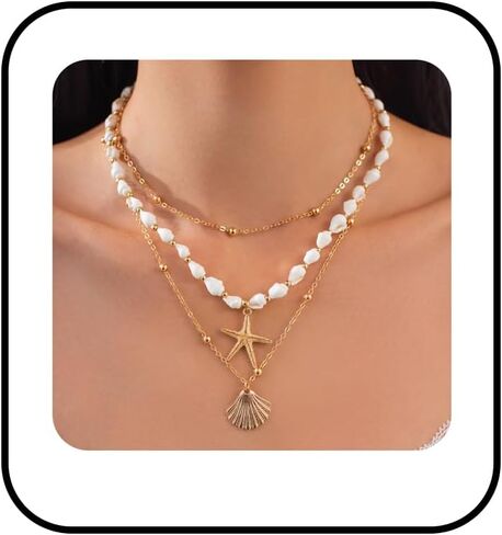 Layered Gold Necklace for Women,Shell Starfish Pearl Flower Clavicle Chain Statement Adjustable Stackable Necklace Fashionable Jewelry in Kuwait