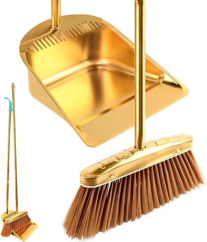 Gold Stainless Steel Broom and Dustpan Set, 2-Piece Long Handle Standing Pan with Comb Teeth, Heavy Duty Windproof Upright Design for Home, Kitchen, Indoor Outdoor Use in Saudi Arabia