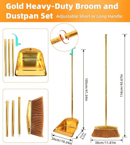 Gold Stainless Steel Broom and Dustpan Set, 2-Piece Long Handle Standing Pan with Comb Teeth, Heavy Duty Windproof Upright Design for Home, Kitchen, Indoor Outdoor Use in Saudi Arabia