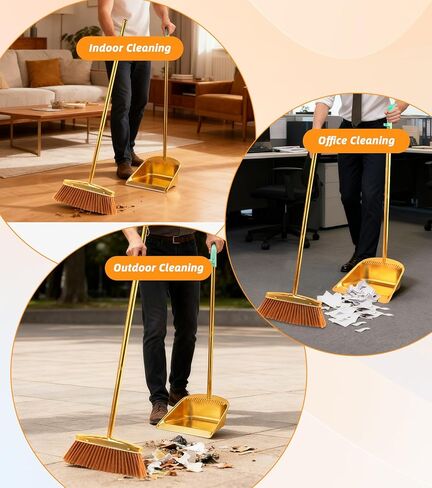 Gold Stainless Steel Broom and Dustpan Set, 2-Piece Long Handle Standing Pan with Comb Teeth, Heavy Duty Windproof Upright Design for Home, Kitchen, Indoor Outdoor Use in Saudi Arabia
