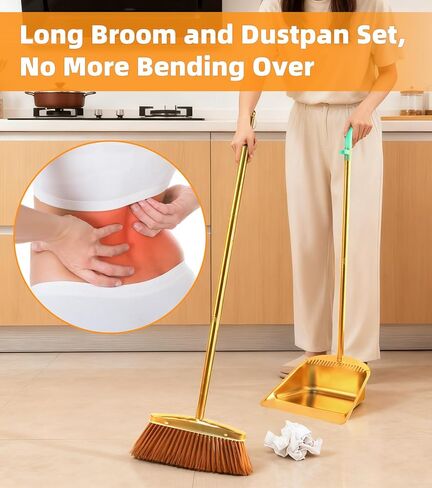 Gold Stainless Steel Broom and Dustpan Set, 2-Piece Long Handle Standing Pan with Comb Teeth, Heavy Duty Windproof Upright Design for Home, Kitchen, Indoor Outdoor Use in Saudi Arabia