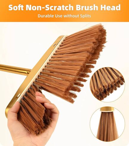 Gold Stainless Steel Broom and Dustpan Set, 2-Piece Long Handle Standing Pan with Comb Teeth, Heavy Duty Windproof Upright Design for Home, Kitchen, Indoor Outdoor Use in Saudi Arabia