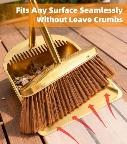 Gold Stainless Steel Broom and Dustpan Set, 2-Piece Long Handle Standing Pan with Comb Teeth, Heavy Duty Windproof Upright Design for Home, Kitchen, Indoor Outdoor Use in Saudi Arabia