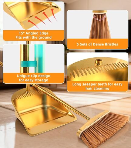 Gold Stainless Steel Broom and Dustpan Set, 2-Piece Long Handle Standing Pan with Comb Teeth, Heavy Duty Windproof Upright Design for Home, Kitchen, Indoor Outdoor Use in Saudi Arabia
