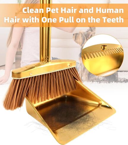 Gold Stainless Steel Broom and Dustpan Set, 2-Piece Long Handle Standing Pan with Comb Teeth, Heavy Duty Windproof Upright Design for Home, Kitchen, Indoor Outdoor Use in Saudi Arabia