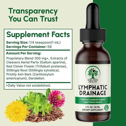 Lymphatic Drainage Drops, 2 Fl. Oz | Organic Lymphatic Drainage Supplements with Cleavers, Red Clover Flower, Stillingia Root, Prickly Ash Bark, Dandelion | Vegan | Non-GMO in Saudi Arabia