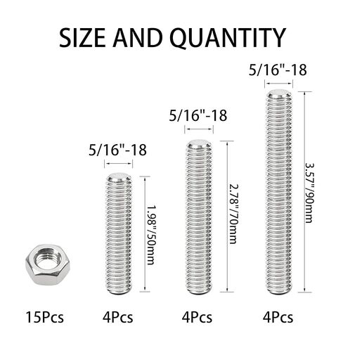 12Pcs 5/16"-18 Fully Threaded Rod & Studs 304 Stainless Steel Right Hand Threads Screw Three Lengths 1.98in/2.78in/3.57in with Nut in Saudi Arabia