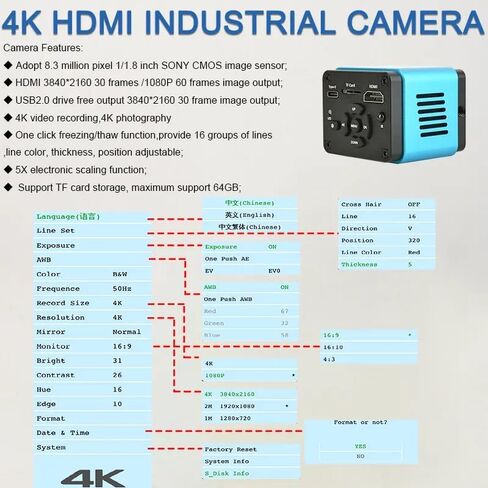4K HD Microscope Camera 8.3MP 3840 × 2160 دقة 4K مقاطع فيديو وصور كاميرا مجهر USB الصناعي (قابس أمريكي) in Kuwait