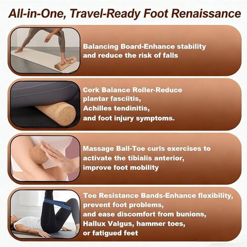 Balance Board, Premium Cork 4-in-1 Foot & Ankle Strengthener Kit, Balance Trainer with Massage Roller & Ball, Resistance Bands for Enhance Mobility, Improve Foot Function, Prevent Falls in Kuwait