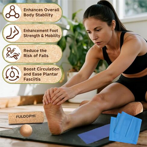 Balance Board, Premium Cork 4-in-1 Foot & Ankle Strengthener Kit, Balance Trainer with Massage Roller & Ball, Resistance Bands for Enhance Mobility, Improve Foot Function, Prevent Falls in Kuwait