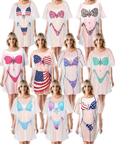 10 Pack Women's Bikini Shirt Cover up Cute Bikini T Shirts for Women Funny Short Sleeve Bathing Suit Baggy Swimwear (Large) Multicolored in Kuwait