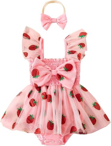 Emmababy Baby Girl Strawberry Romper Dress Smocked Tutu Bodysuit Fruit Overalls Strawberry Birthday Outfit Summer Clothes in Kuwait