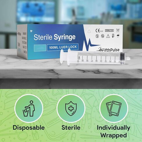 حقنة 100 مل بدون إبرة - 25 عبوة من المحاقن المغلفة بشكل فردي - جيدة للاستخدام الطبي والمختبر العلمي والاستخدام المنزلي والمزيد - محاقن معقمة بقفل Luer in Kuwait
