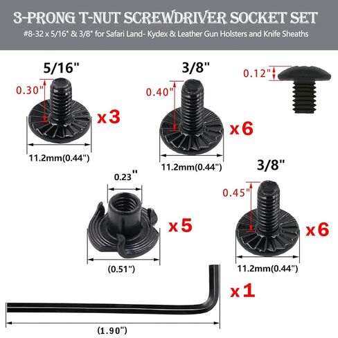 Gun Holster Screws – Includes Black 3 Prong T-Nuts and #8-32 x 5/16" & 3/8" Kit, for Safari Land QLS System/Holster & Kydex & Leather Gun Holster Screws with Anti-Slip Teeth in Saudi Arabia