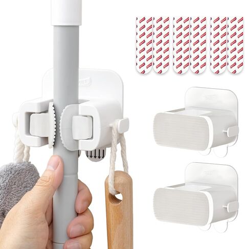 TAILI Mop and Broom Holder Wall Mount Grippers, 2 Hangers and 6 Adhesive Strips, Damage Free Hanging Wall Mount, Household Cleaning Organizer for Organization and Storage, Holds up to 4 lbs, Grey in Kuwait