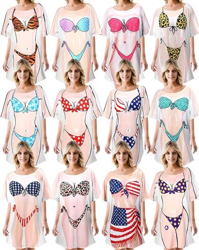 12 Pack Women's Bikini Shirt Short Sleeve Cover up Funny T Shirt Cute Bikini Print Baggy Dress Swimwear for Women in Saudi Arabia