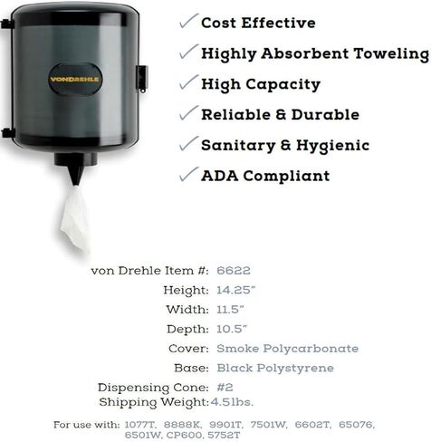 موزع مناشف ورقية Vondrehle 6622 عالي السعة، لون دخاني، النظام يلبي متطلبات HACCP، حزمة من 1 in Kuwait