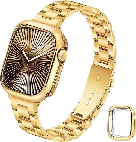 Slim Metal Band for Apple Watch Bands for Women 41mm 40mm 38mm Gold iWatch Bands with Protective Case, Stainless Steel Thin Dressy Fancy Strap for Apple Watch Band Series 9 8 SE 7 6 5 4 3-Gold in Kuwait