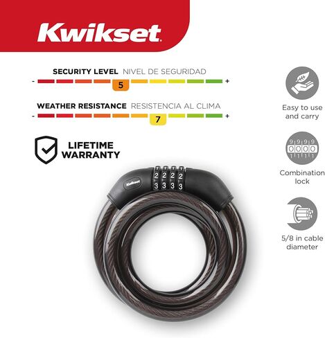 قفل كابل للدراجة من كويكسيت بطول 6 أقدام، 4 أرقام، قطر 5/8 بوصة، أمان للدراجة والخارجية، حزمة واحدة، فضي in Kuwait