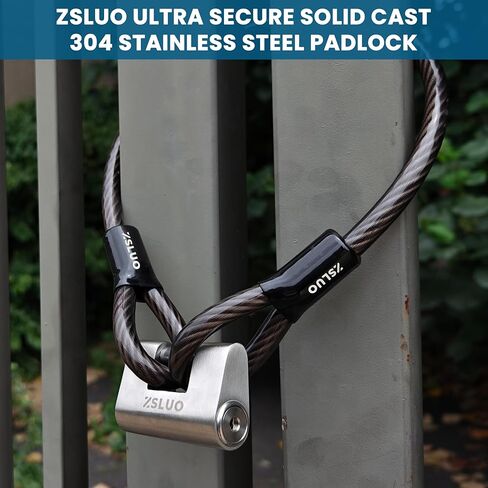 مجموعة قفل وكابل فولاذي عالي التحمل - حزمة أمان مضادة للقطع 10 مم مع قفل من الفولاذ المقاوم للصدأ 304، وكابل مضفر بطول 20 قدمًا للبوابات والحظائر والدراجات النارية - حزمة من مجموعة واحدة in Kuwait