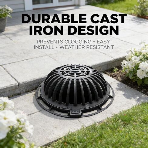 18in Ductile Iron Atrium Drain Grate, Dome Overflow Relief Gully Grate with Bolted Base, Cast Iron Round Drain Cover for Garden Yard Lawn, Anti-Clog Anti-Theft Heavy Duty Outdoor Drainage in Saudi Arabia