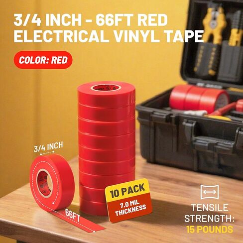 شريط كهربائي أحمر من RED WOLF مقاس 3/4 بوصة × 66 قدمًا مدرج في قائمة UL/CSA بسمك 7 مل ومقاوم للهب ومقاوم للماء بدرجة حرارة عالية وشريط PVC كهربائي فائق الفينيل مصنف 600 فولت 10 عبوات in Saudi Arabia