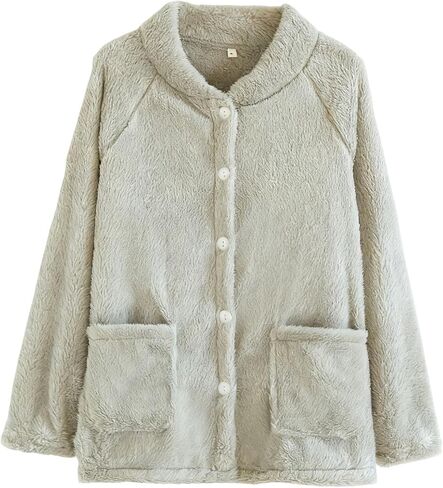 Oplxuo Women Cozy Warm Bed Jackets for Elderly Women Fuzzy Fleece Jacket Button Up Sleepwear Long Sleeve Winter Coats in Kuwait