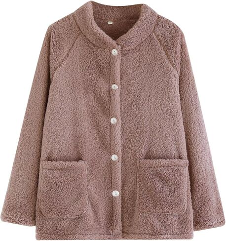 Oplxuo Women Cozy Warm Bed Jackets for Elderly Women Fuzzy Fleece Jacket Button Up Sleepwear Long Sleeve Winter Coats in Saudi Arabia