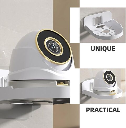 Uonlytech قطعتان من رف الحائط الصغير بدون ثقب وحامل تخزين حامل الكاميرا ومكبر الصوت وحامل أبيض مستدير للحمام مثبت على الحائط للاستحمام ومنظم كاميرا الأمان in Saudi Arabia