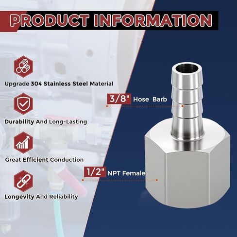 Pack of 2 Stainless Steel Hose Barbs Fittings 3/8" Hose Barbs to 1/2" NPT Female Fittings in Kuwait