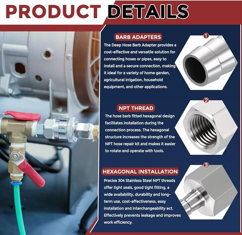 Pack of 2 Stainless Steel Hose Barbs Fittings 3/8" Hose Barbs to 1/2" NPT Female Fittings in Kuwait