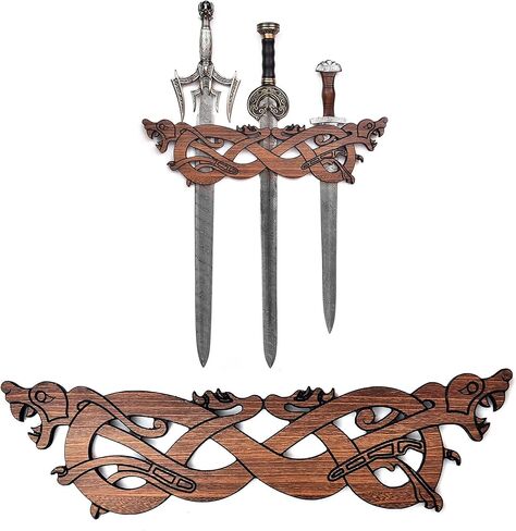 Armory Replicas™ Wooden Sword and Axe Wall Display Stand with Dual Wolf Head Carving – Premium Hardwood Medieval Wall Mount Rack for One Sword and Two Axes – Viking Style Weapon Display Holder in Saudi Arabia